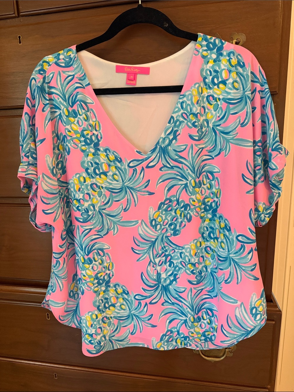 Lilly Pulitzer Pink Pineapple Print V-Neck Blouse